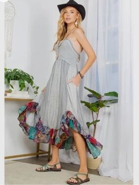 Young Threads NWT Boho Light Gray Maxi Dress with Patchwork Ruffle Hem
